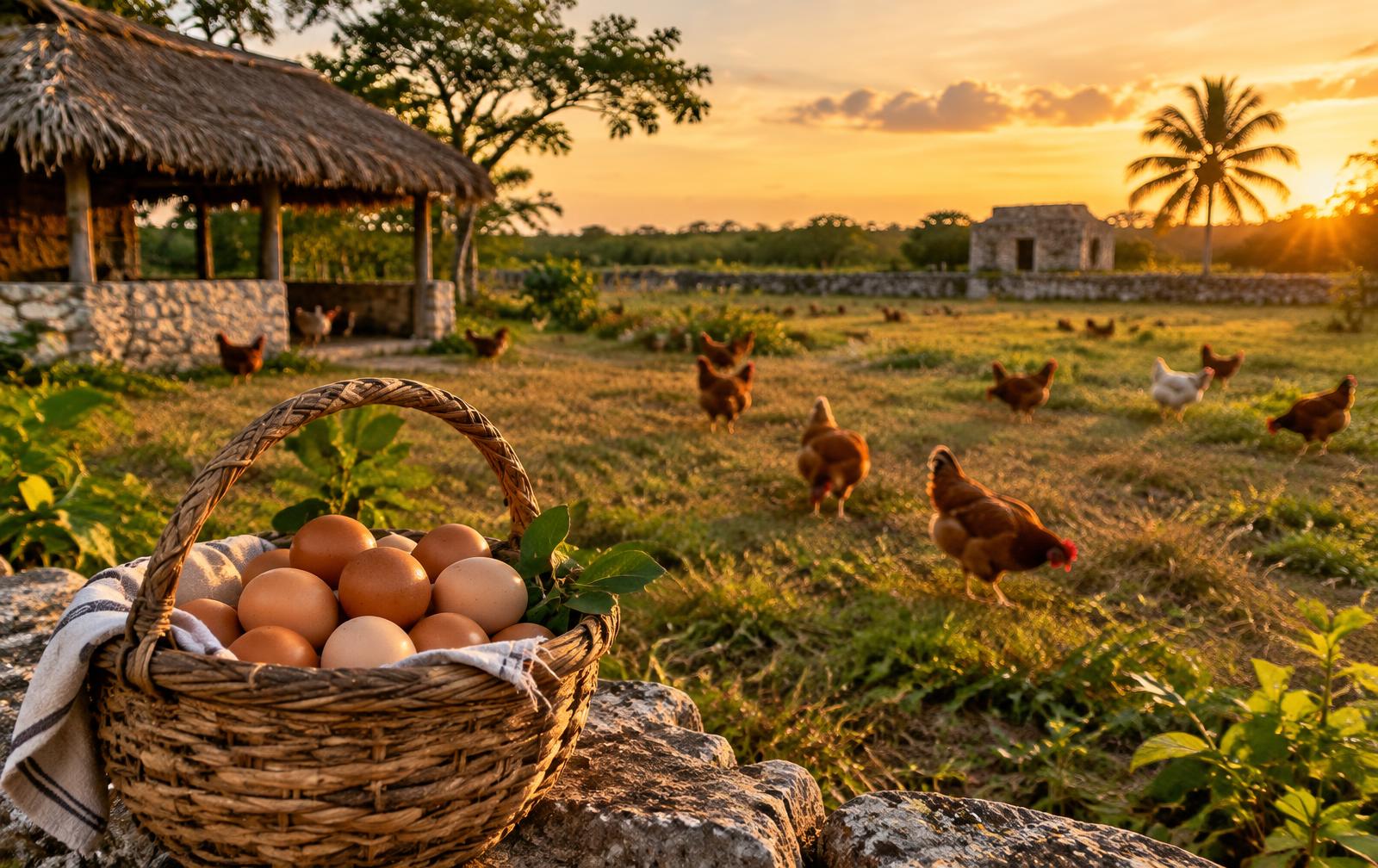 Campo con gallinas y canasta de huevo (imagen ilustrativa)
